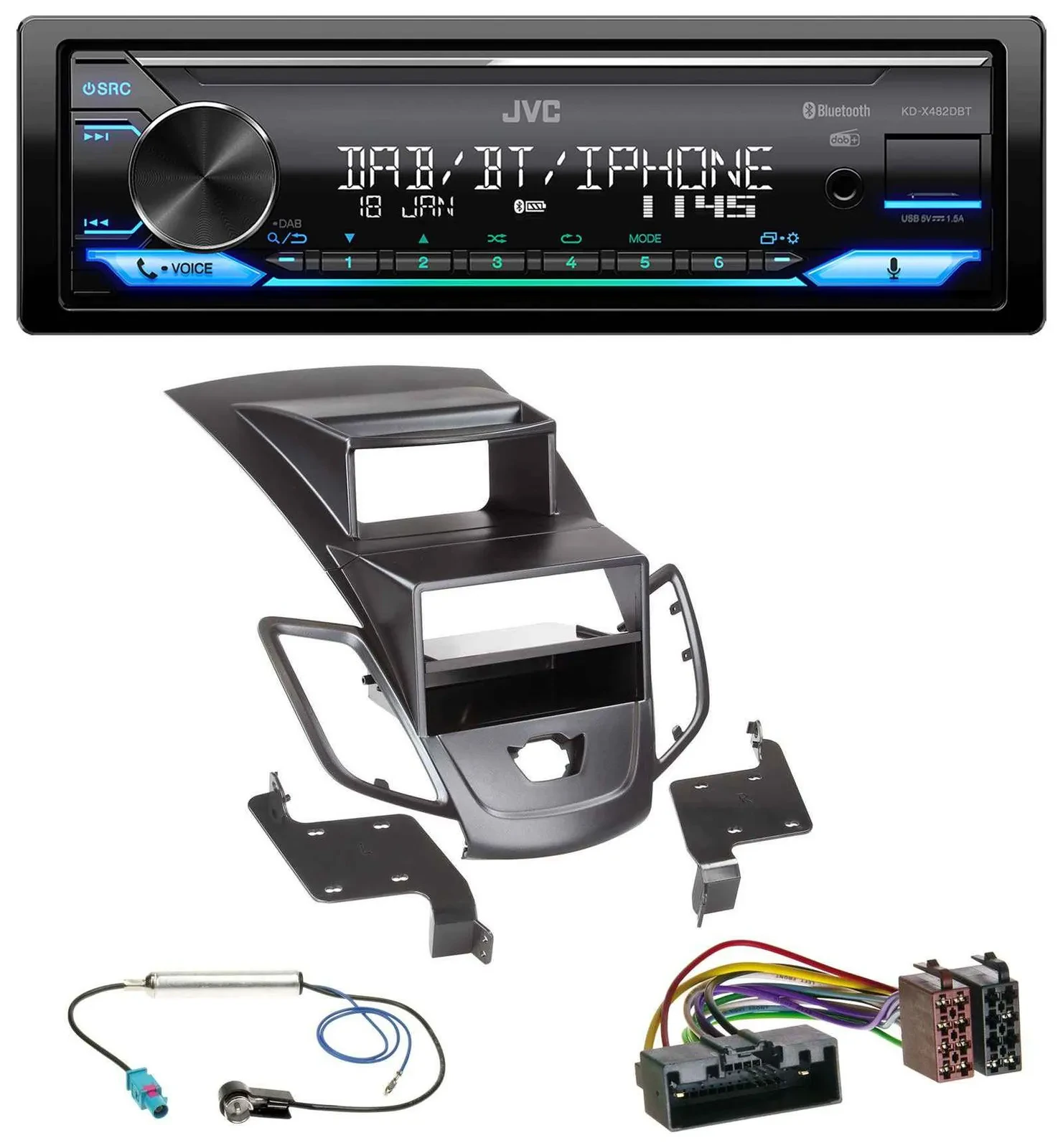 JVC Bluetooth DAB USB MP3 Autoradio für Ford Fiesta 10-17 Display schwarz