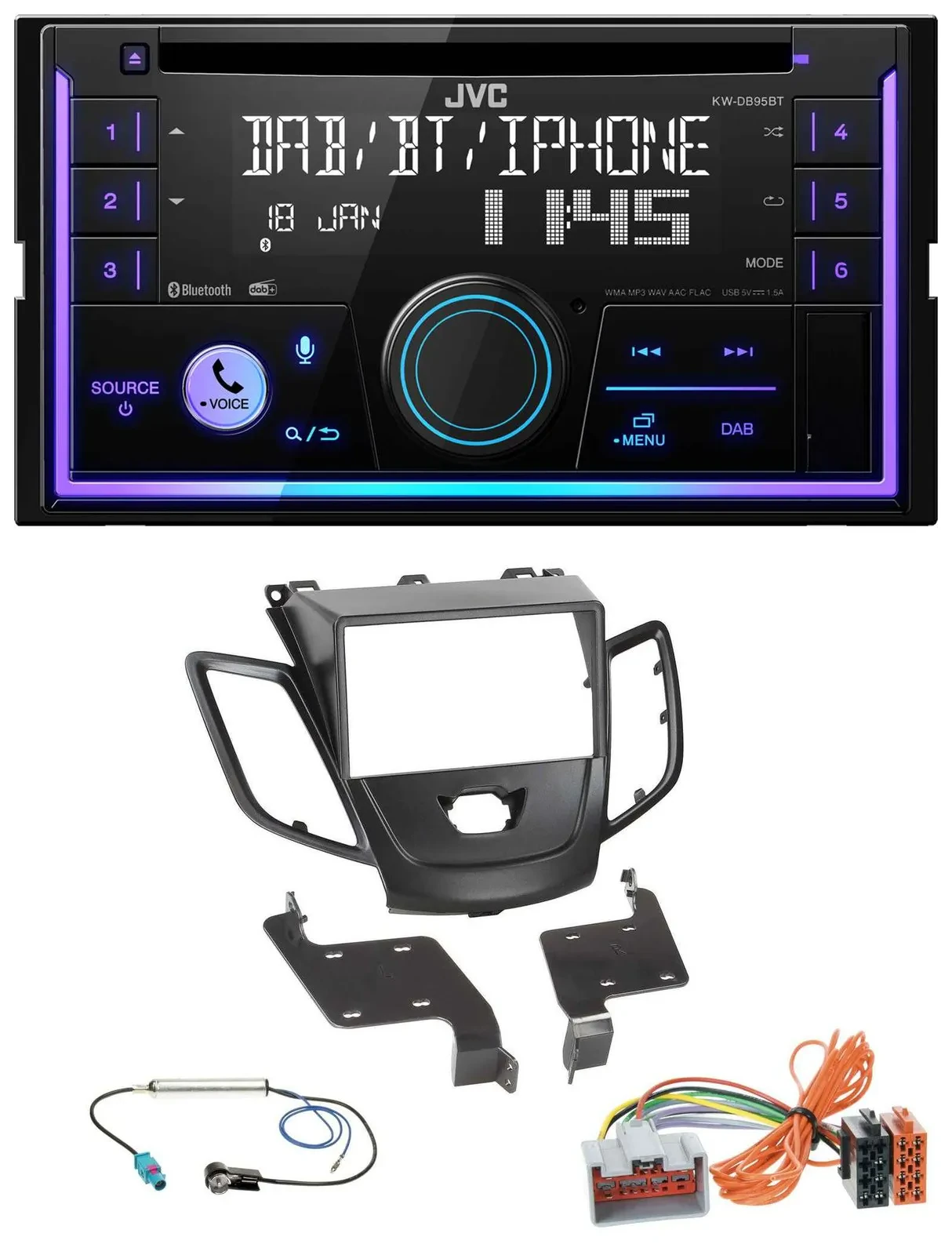 JVC MP3 USB 2DIN DAB Bluetooth CD Autoradio für Ford Fiesta 08-10 schwarz