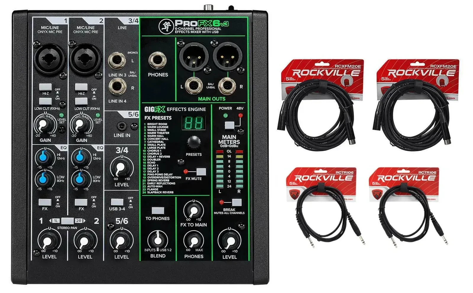 Микшерный пульт Mackie ProFX6v3 6-канальный, USB (набор, с XLR и 1/4" кабелями)