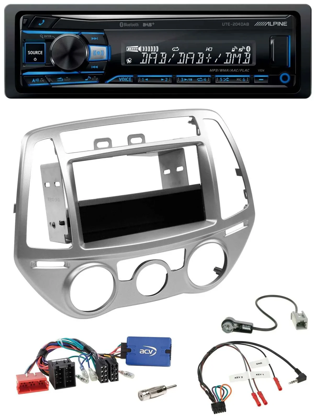 Автомагнитола для Hyundai i20 2012–2014 Alpine USB, Bluetooth, DAB, серебристый, с поддержкой кнопок на руле