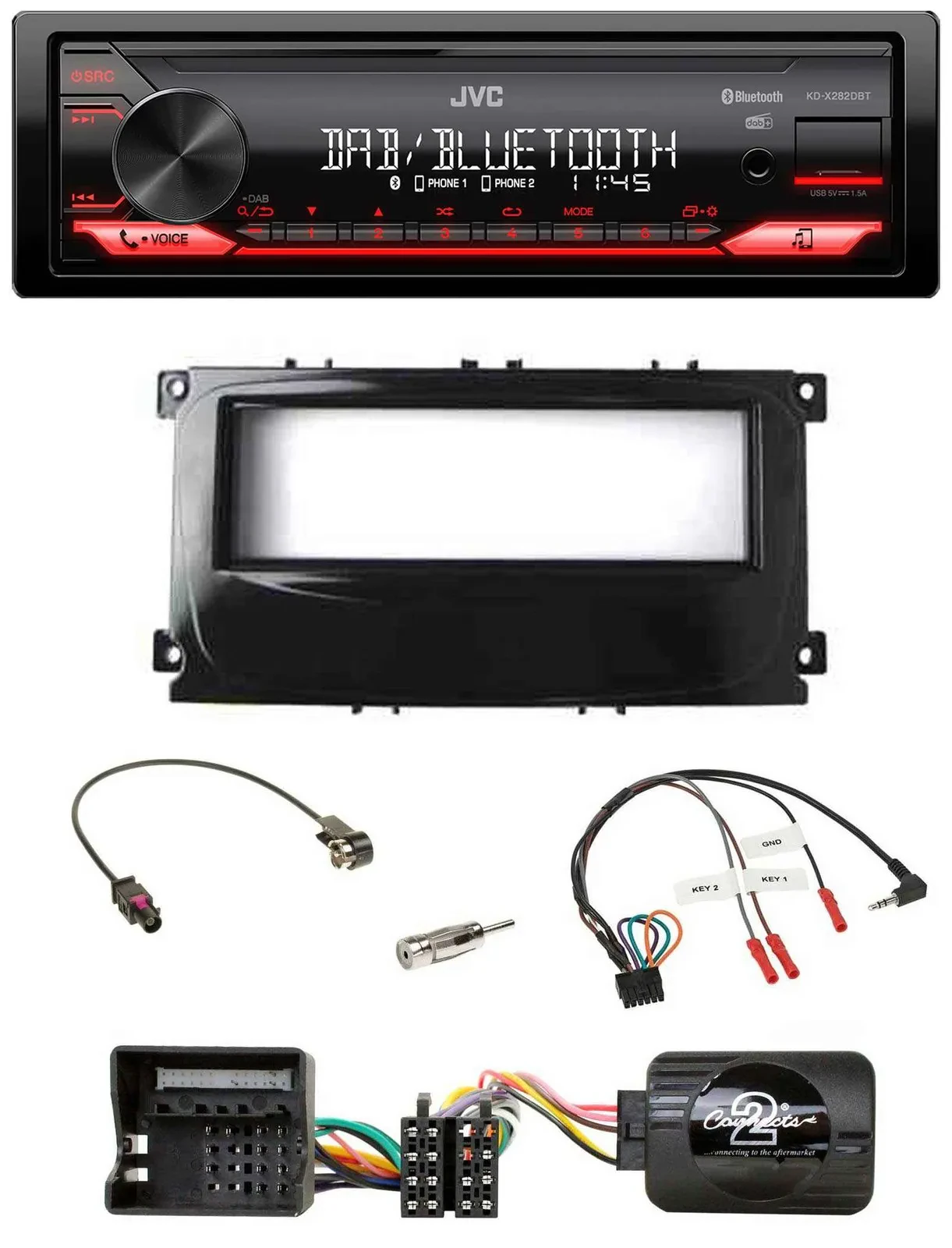 Автомагнитола JVC Bluetooth, USB, DAB, с поддержкой кнопок на руле, для Ford Mondeo 2007–2014 и S-Max, черный глянец