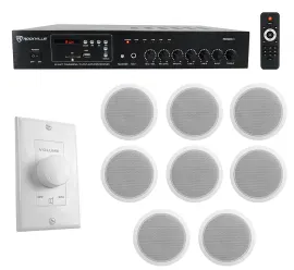 Rockville Commercial Restaurant Amp+(8) 6" White Ceiling Speakers+Wall Control