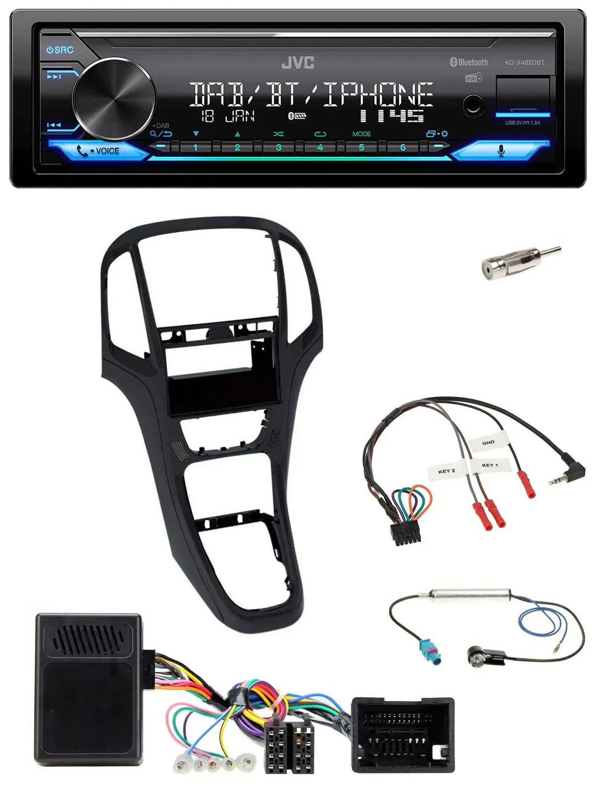 JVC Bluetooth DAB USB Lenkrad Autoradio für Opel Astra J 2009-2016 Perl schwarz