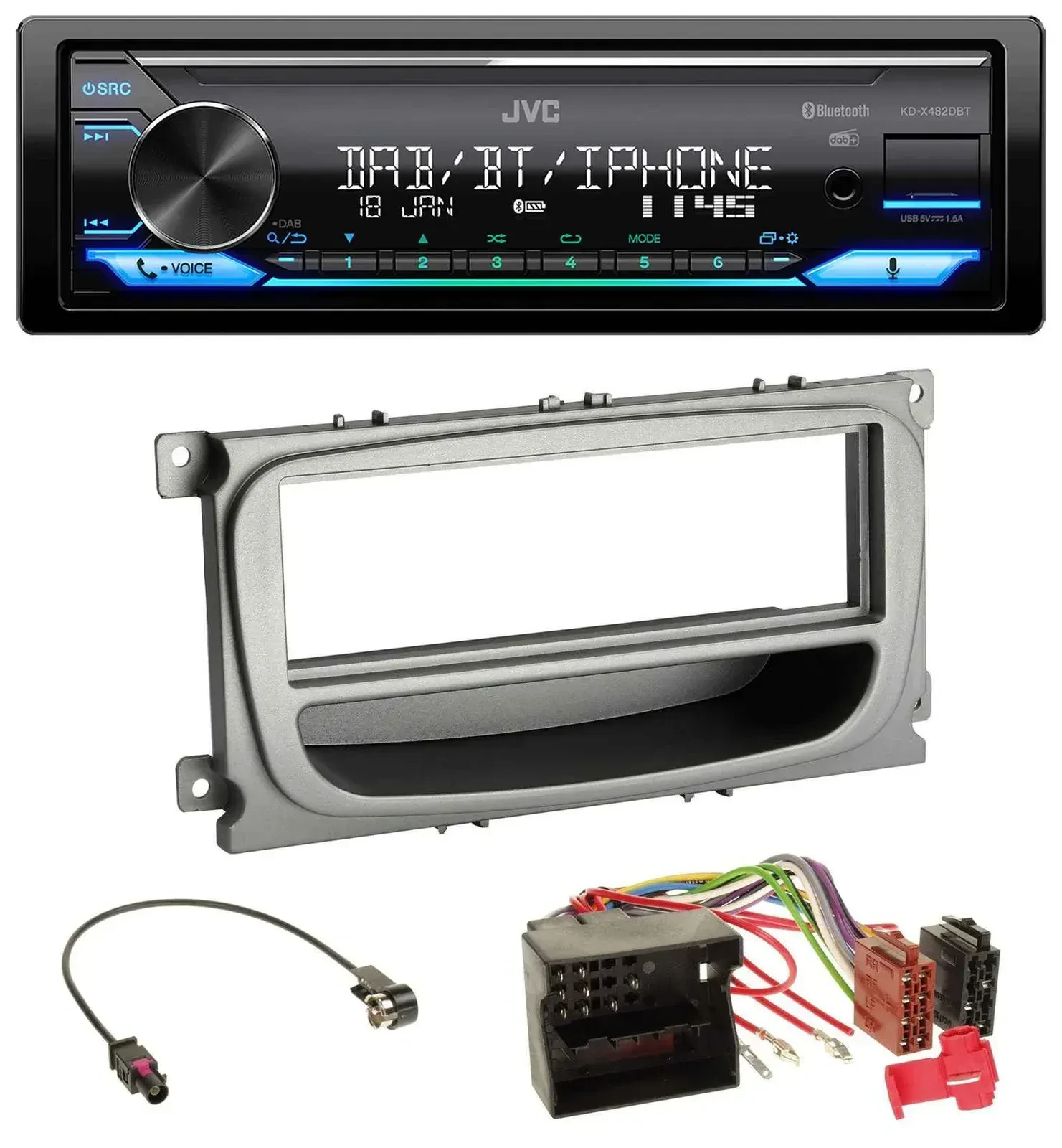 Автомагнитола для Ford Mondeo/S-Max (2007–2014) JVC Bluetooth DAB USB MP3, серебристая, с карманом