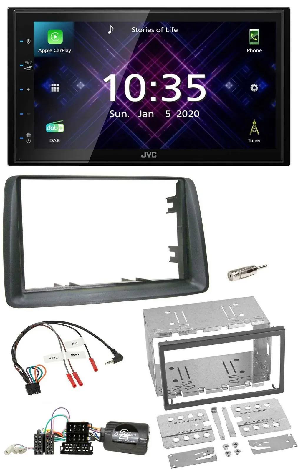 JVC DAB 2DIN Lenkrad Bluetooth USB Autoradio für Fiat Panda 2007-2012 grau