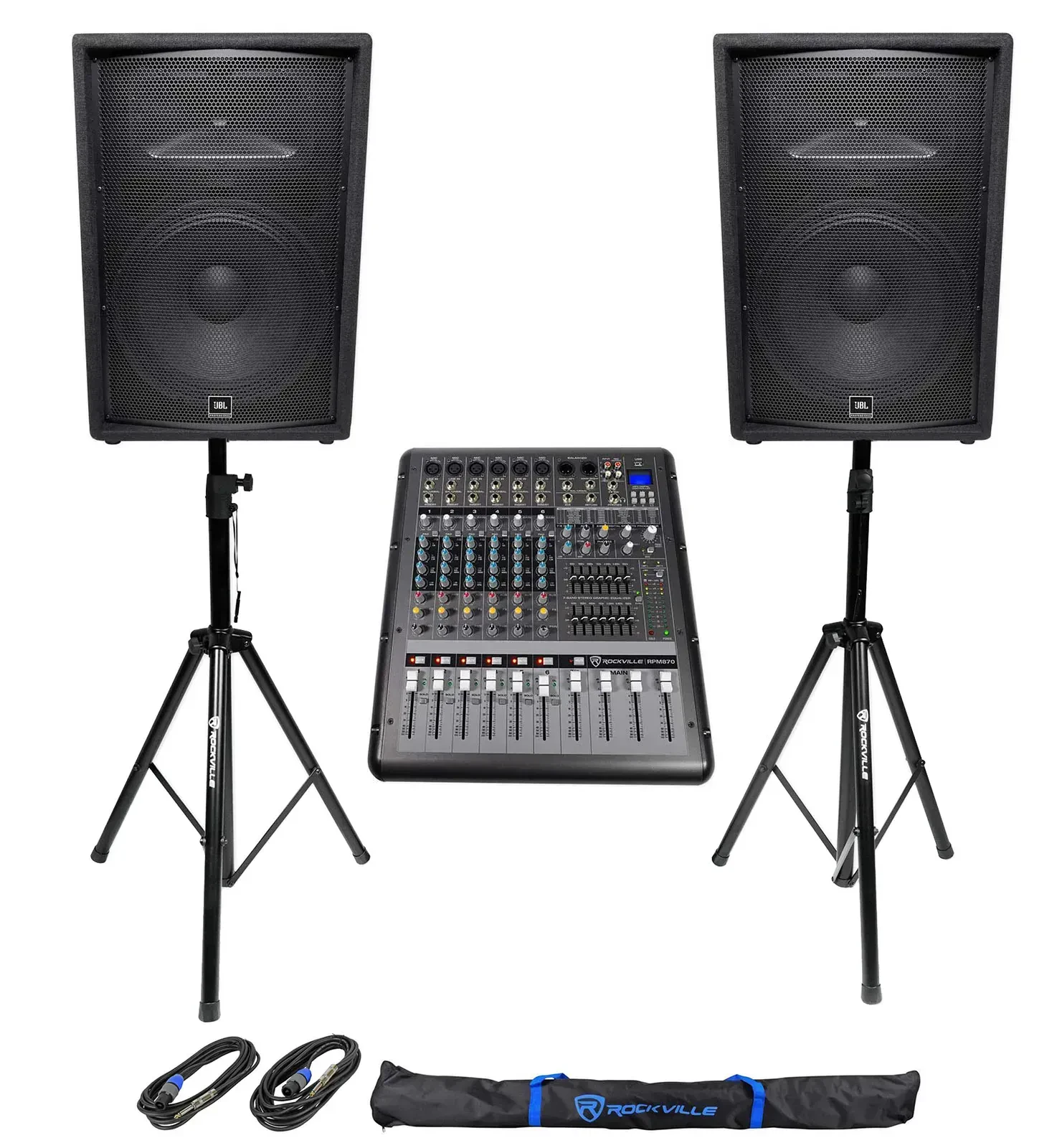 (2) JBL Pro JRX215 15" 2000w PA/DJ Speakers+Powered 8-Channel Mixer w/USB+Stands