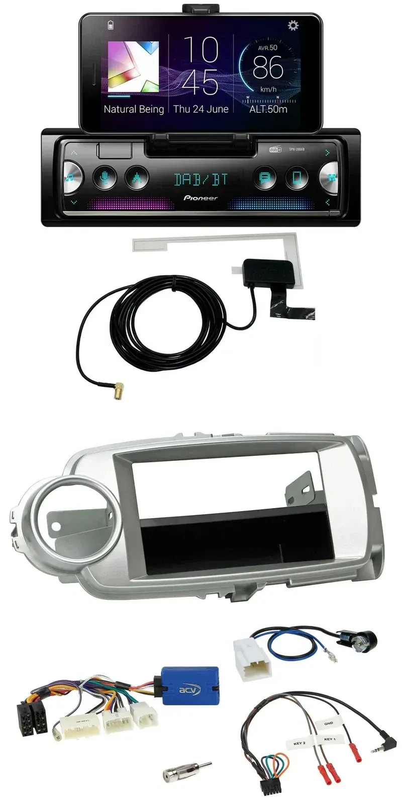 Автомагнитола для Toyota Yaris (2011–2014) Pioneer DAB, Bluetooth, USB, серебристый