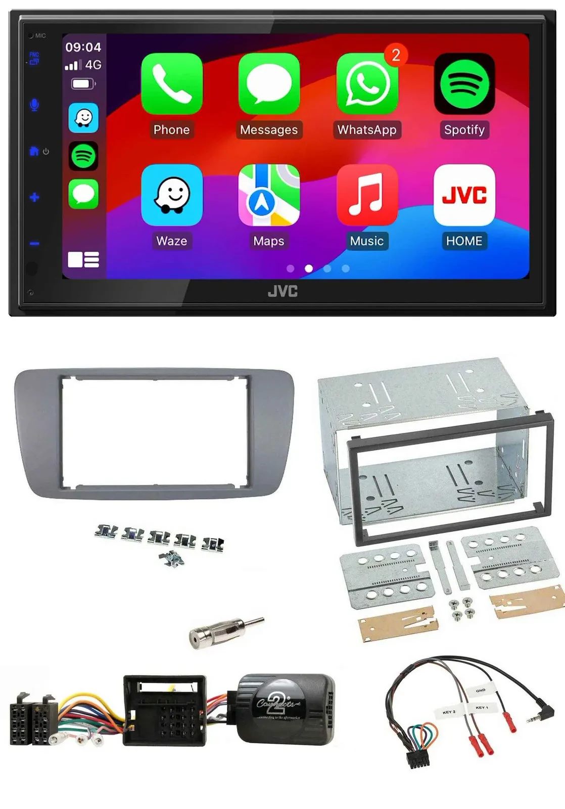 Автомагнитола JVC 2DIN Bluetooth DAB USB для Seat Ibiza (с 2008), совместима с управлением на руле, серый (Conemara Grau)