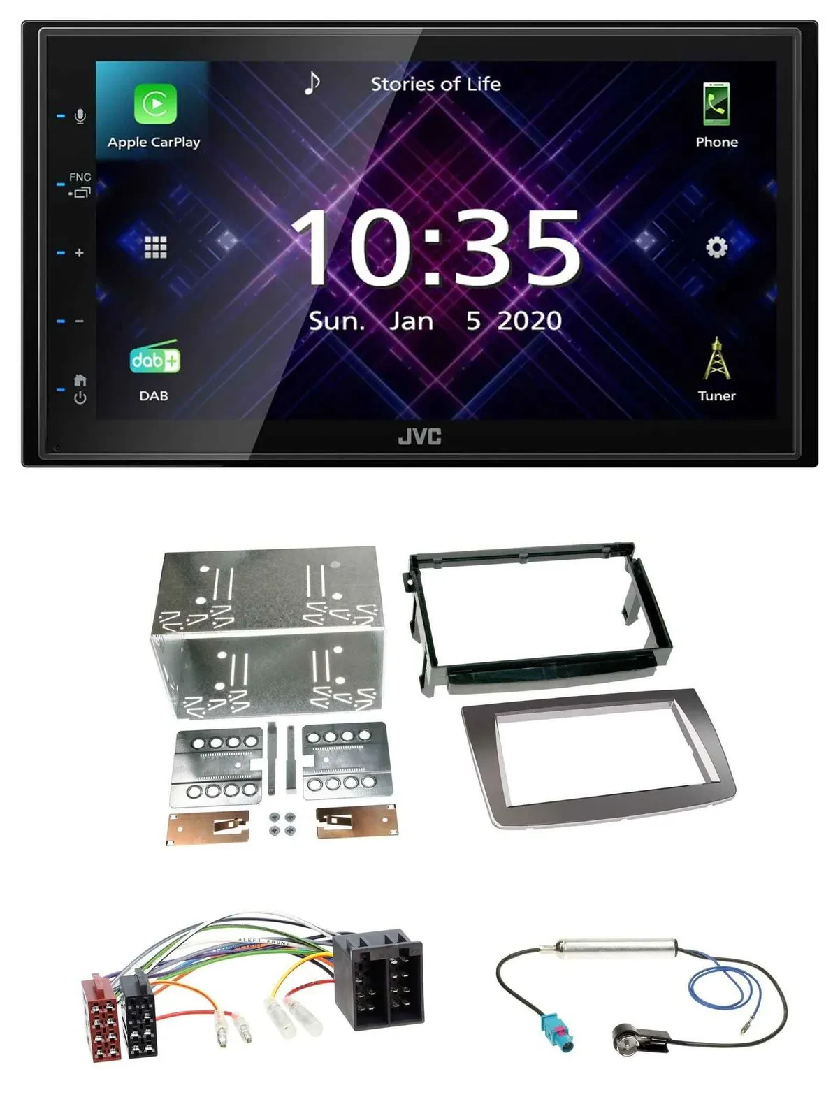 Автомагнитола JVC 2DIN DAB, MP3, Bluetooth, USB для Alfa Romeo MiTo (2008–2014) серебристая