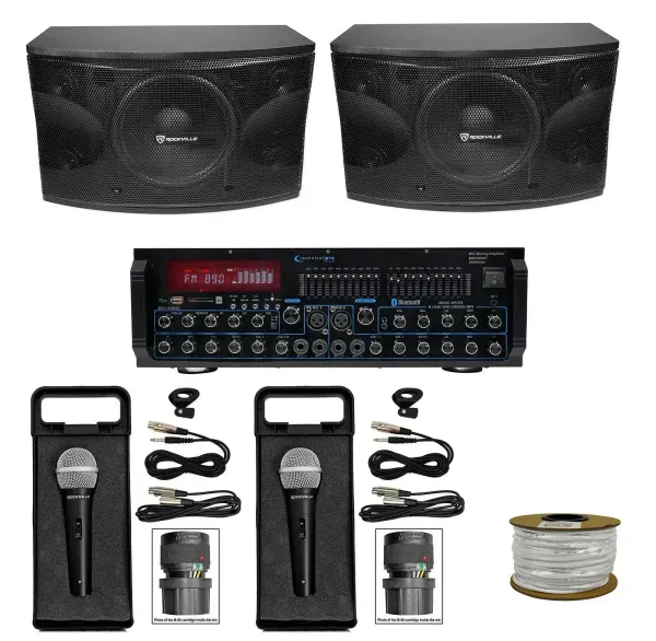 (2) Rockville 12" 3-Way 1600w Karaoke Speakers+Bluetooth Amplifier Mixer+2) Mics