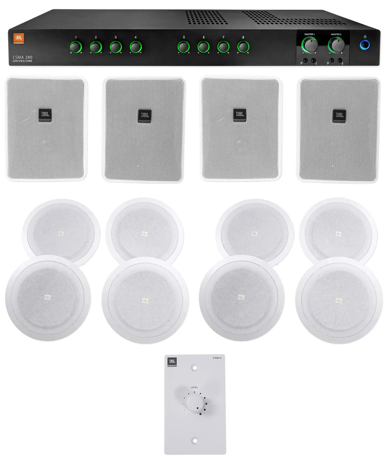 JBL Commercial Amplifier+(4) 6.5" White Wall+(8) 8" Ceiing Speakers+Wall Control