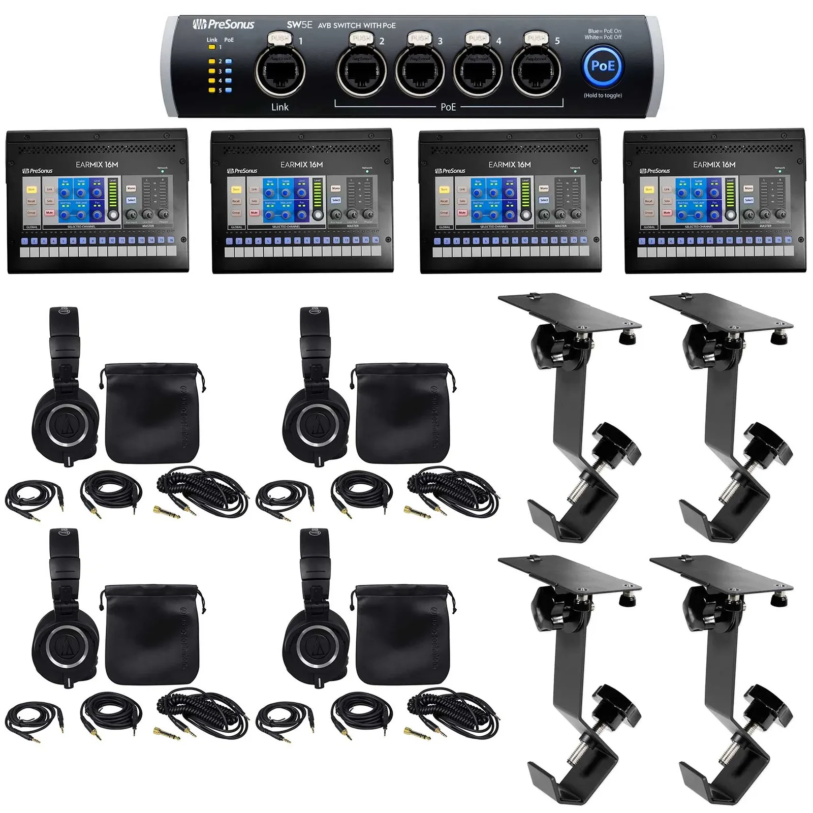 (4) PRESONUS EarMix 16M 16x2 16-Ch. AVB In-Ear Monitor Mixers+M50X Headphones