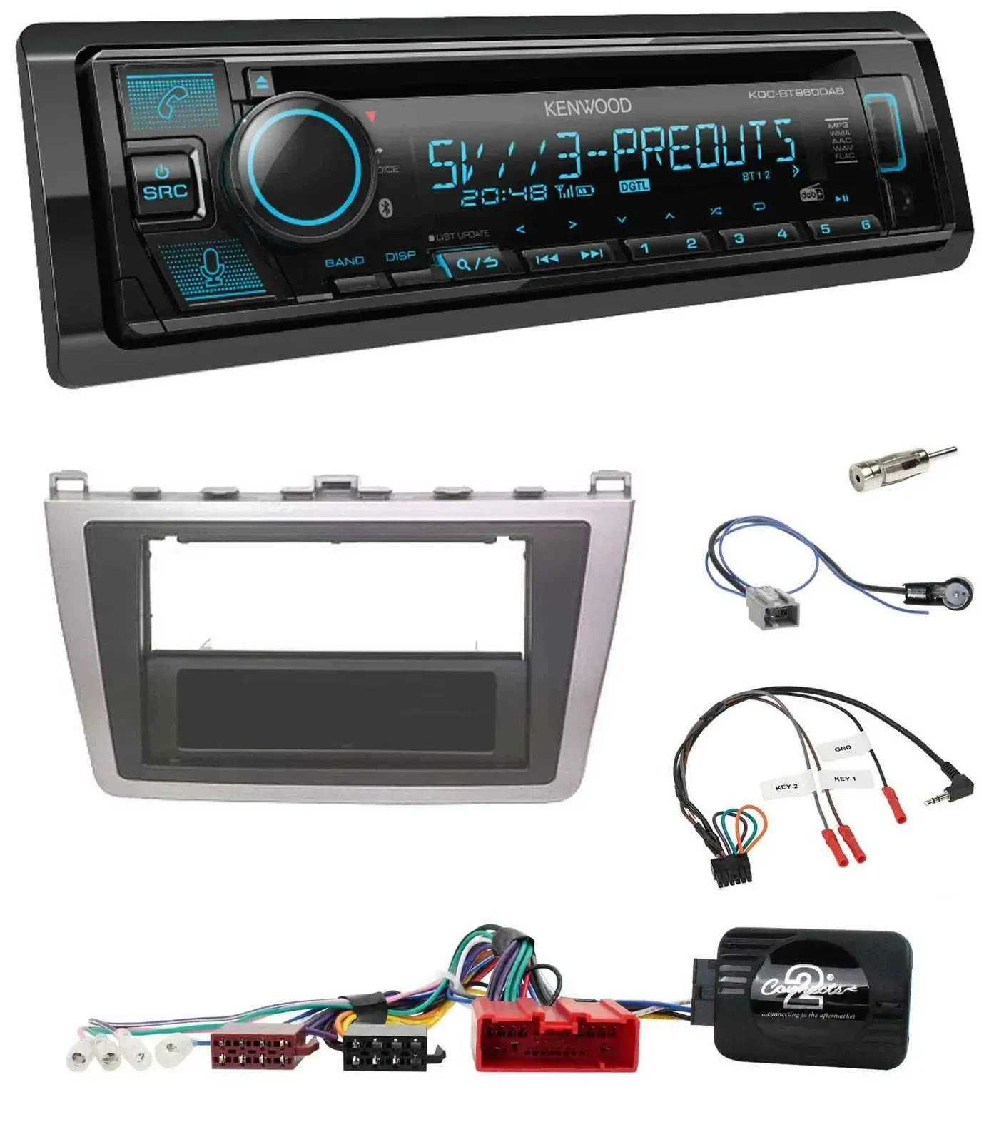 Автомагнитола Kenwood Bluetooth USB CD DAB для Mazda 6 (2008–2012), с поддержкой кнопок на руле, серебристо-чёрная