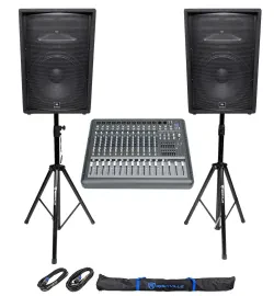 2) JBL Pro JRX215 15" 2000w PA/DJ Speakers+Powered 14-Channel Mixer w/USB+Stands