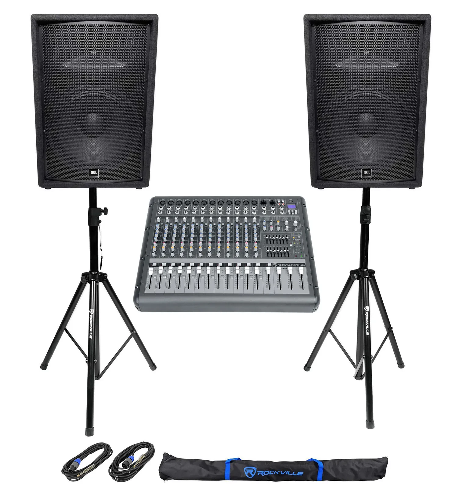 2) JBL Pro JRX215 15" 2000w PA/DJ Speakers+Powered 14-Channel Mixer w/USB+Stands