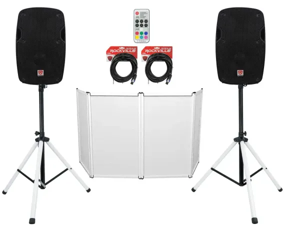 (2) Rockville SPG84 8" 400w DJ PA Speakers+Stands w/LED's+Remote+Cables+Facade