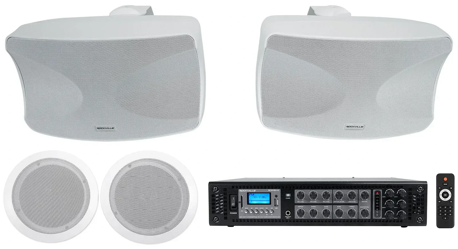 Трансляционный усилитель Rockville RCS180-6+WET-44 PRO WHITE+CC65T White с комплектом акустики
