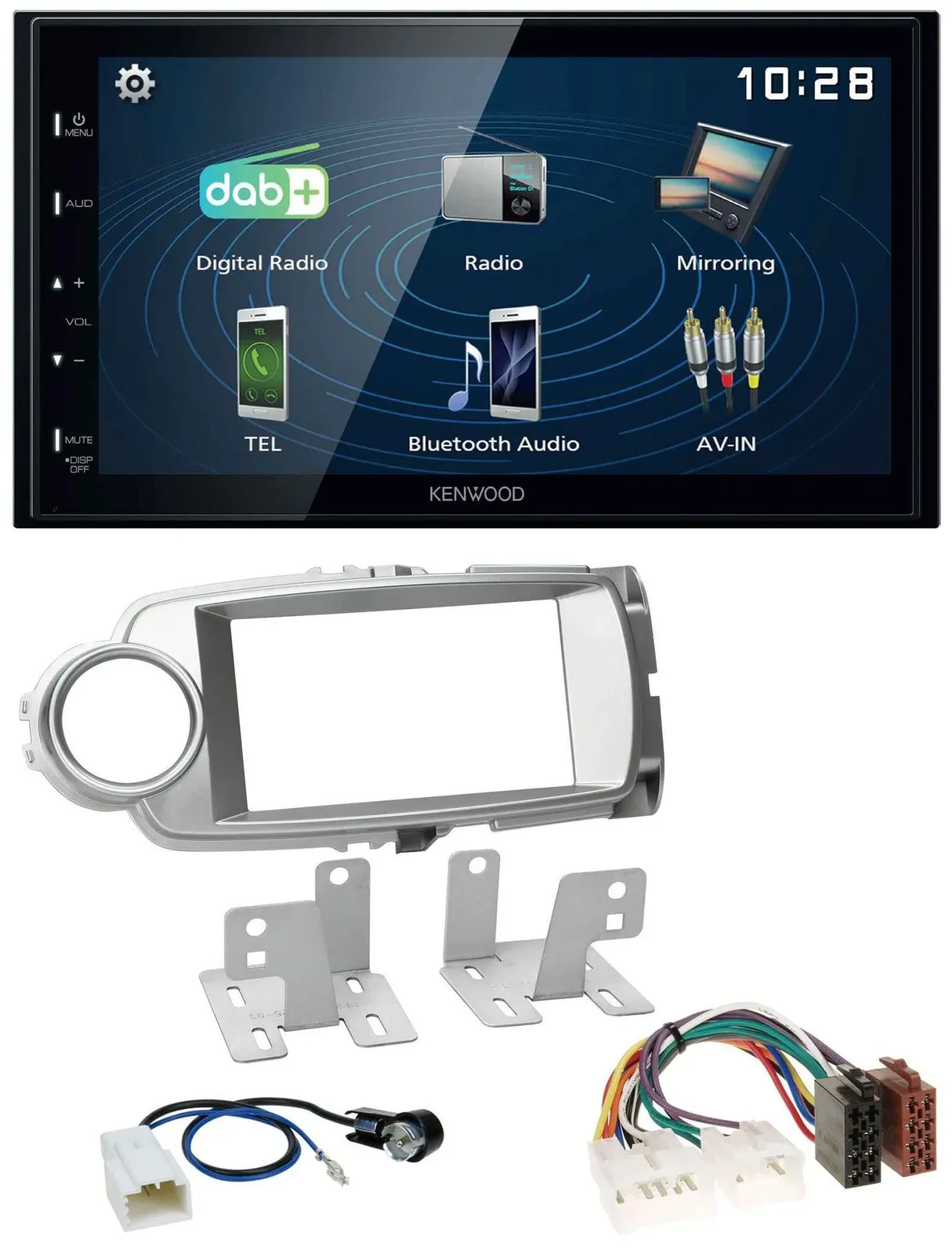 Автомагнитола для Toyota Yaris (2011–2014) Kenwood 2DIN Bluetooth, MP3, USB, DAB, серебристая