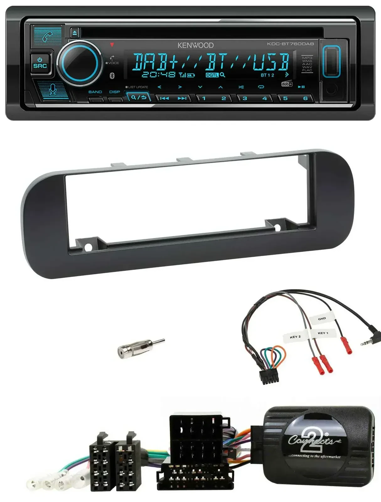 Автомагнитола для Fiat Panda 2012–2020 Kenwood Bluetooth, DAB, USB, CD, черная