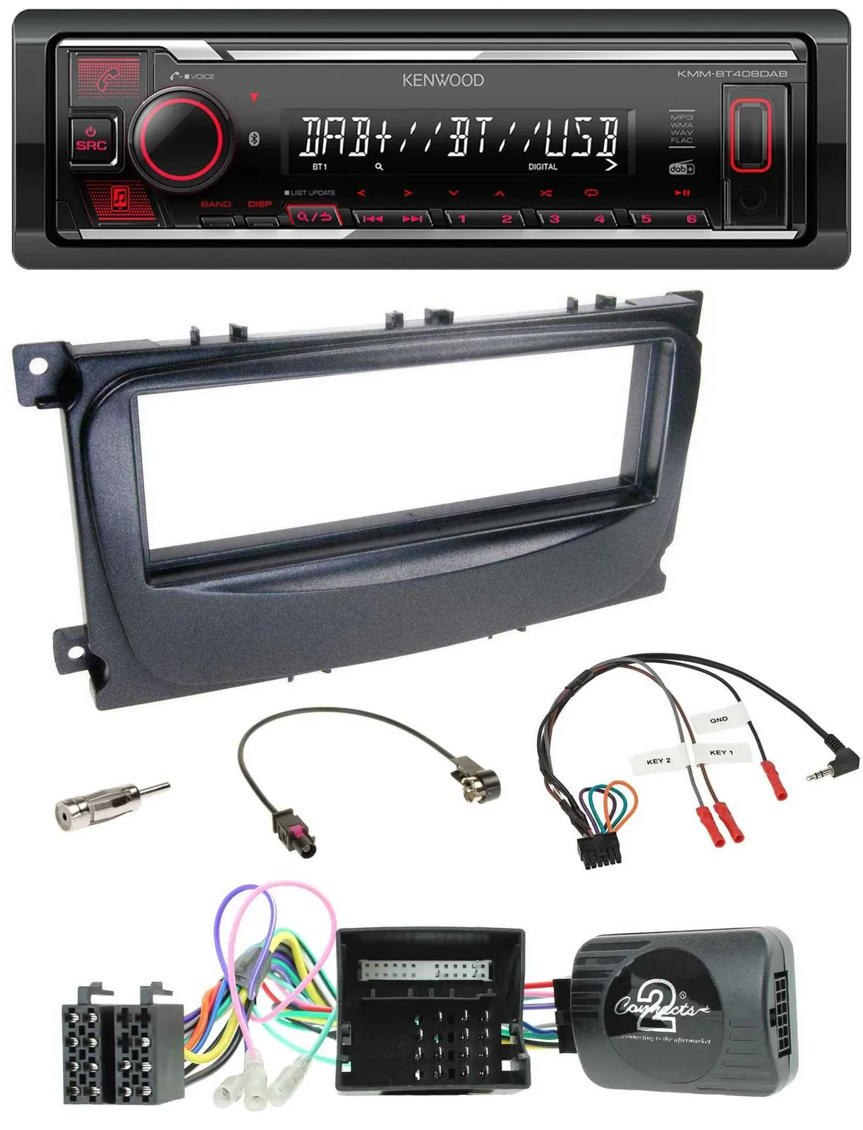 Автомагнитола Kenwood Bluetooth USB DAB для Ford Mondeo/S-Max 2007–2014, CAN-Bus, управление с руля