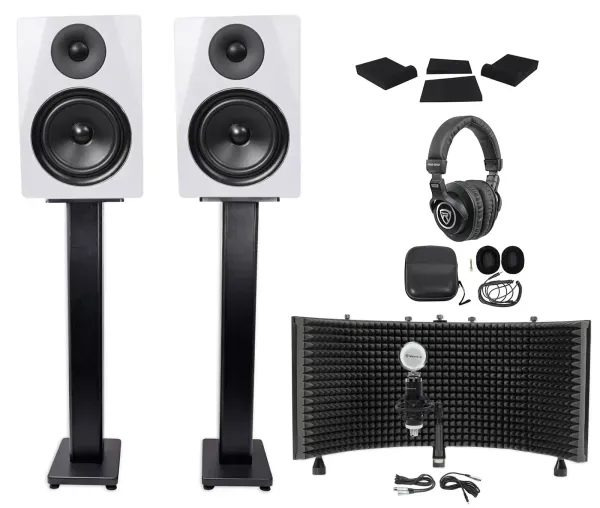 2) Rockville DPM6W 6.5" 420w Studio Monitors+36" Stands+Headphones+Mic+Shield