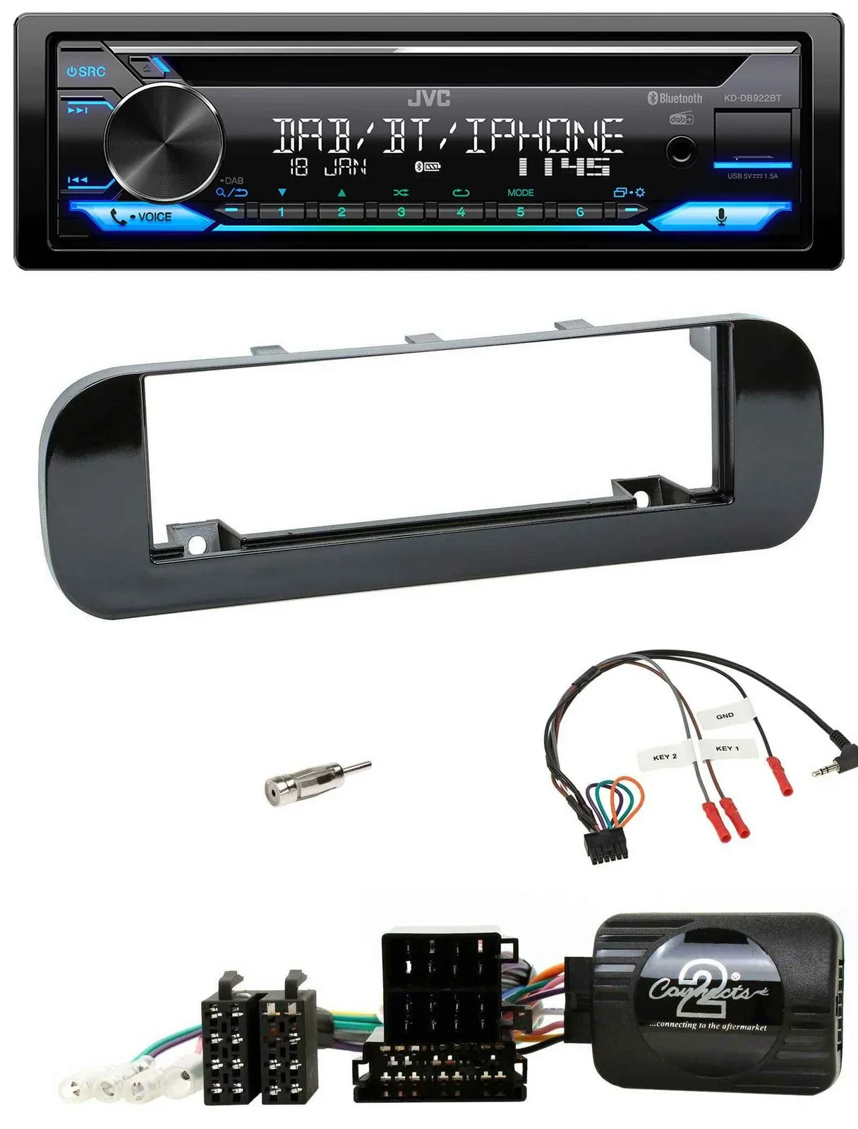 Автомагнитола JVC CD/USB, DAB, Bluetooth для Fiat Panda (2012–2020), черный глянец, с поддержкой кнопок на руле