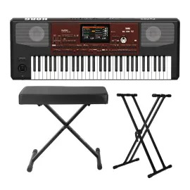 Korg PA700 61-Key Arranger Keyboard with Knox X-Style Bench and Double X Stand