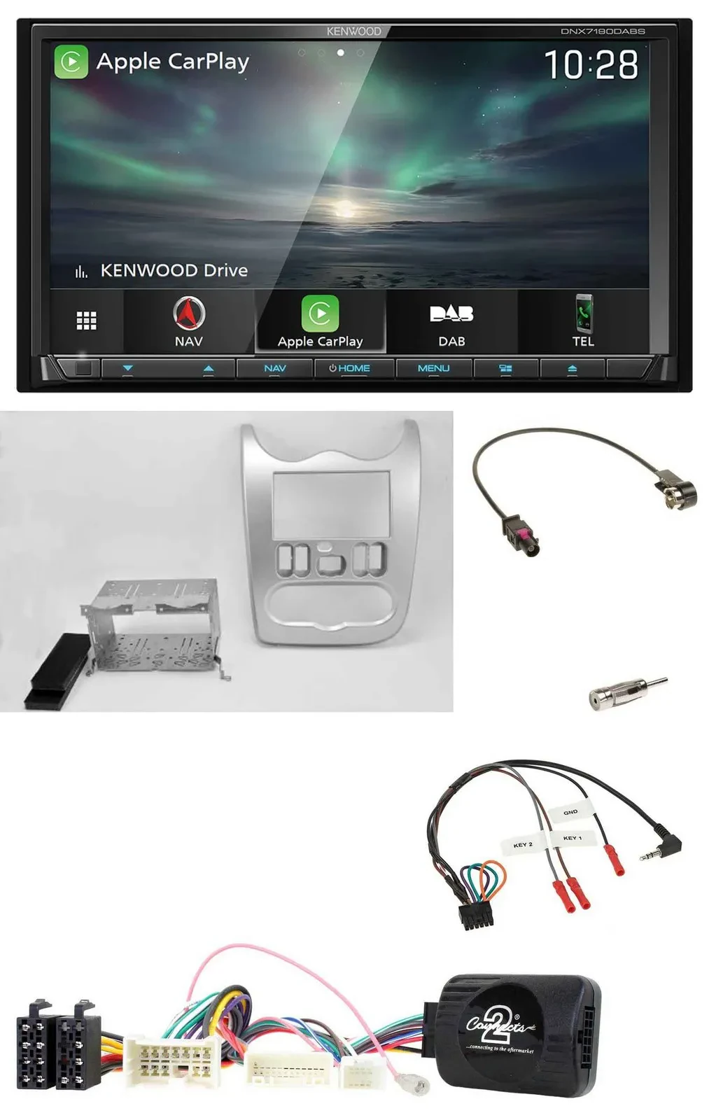 Kenwood Bluetooth USB 2DIN Lenkrad TMC DAB Navigation für Dacia ab 2012 hellsilb