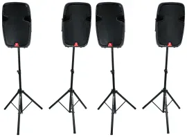 Rockville 4) 15" Battery Powered PA Speakers+Stands+Mics For Church Sound System