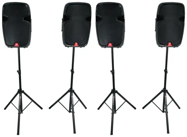 Rockville 4) 15" Battery Powered PA Speakers+Stands+Mics For Church Sound System