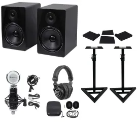 2) Rockville APM8B 8" 500w Powered Studio Monitors+Stands+Pads+Headphones+Mic