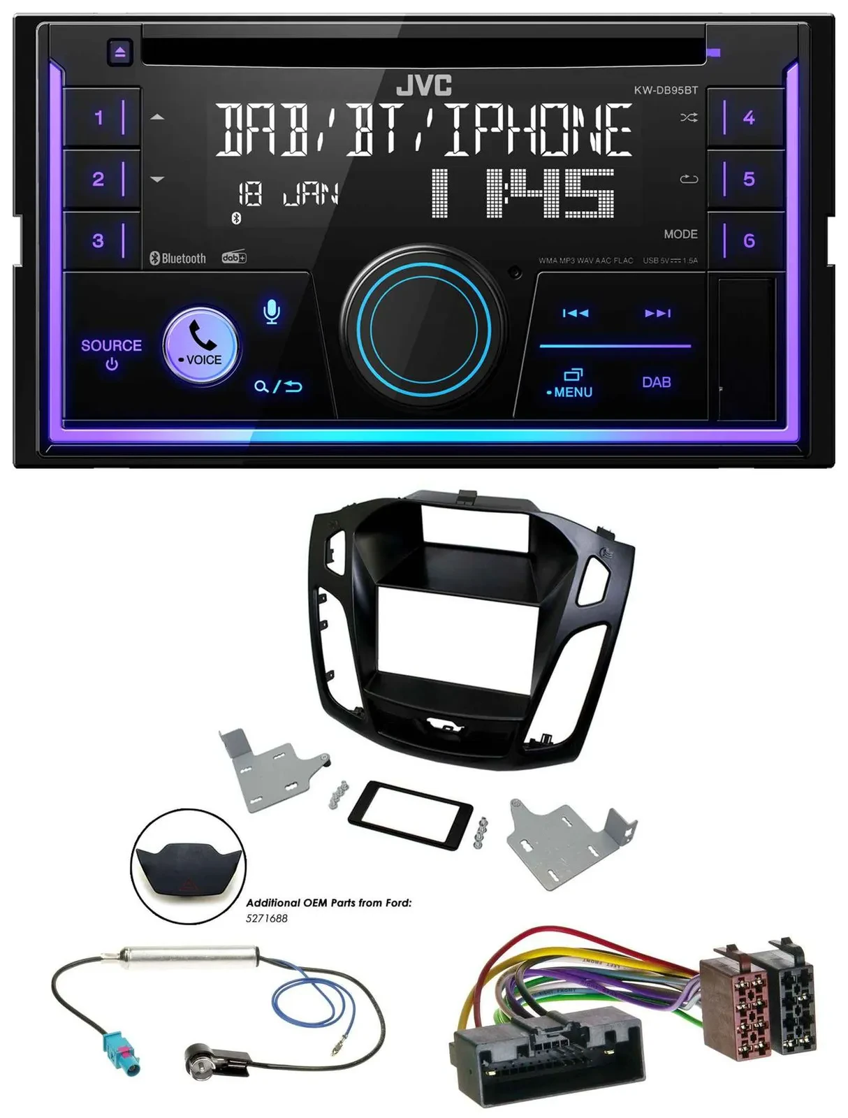 Автомагнитола для Ford Focus 2014–2018 JVC 2 DIN, CD, USB, Bluetooth, DAB, черная