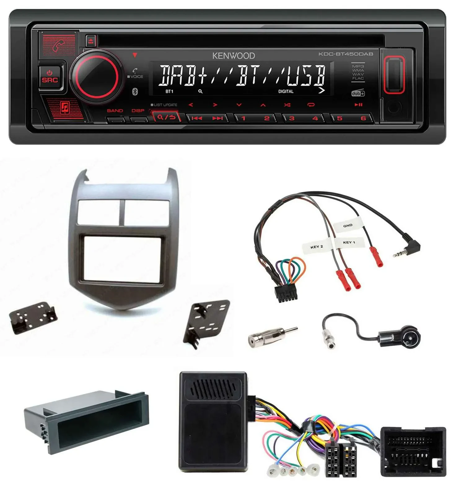 Kenwood Lenkrad CD USB Bluetooth DAB Autoradio für Chevrolet Aveo ab 11 dunkelgr