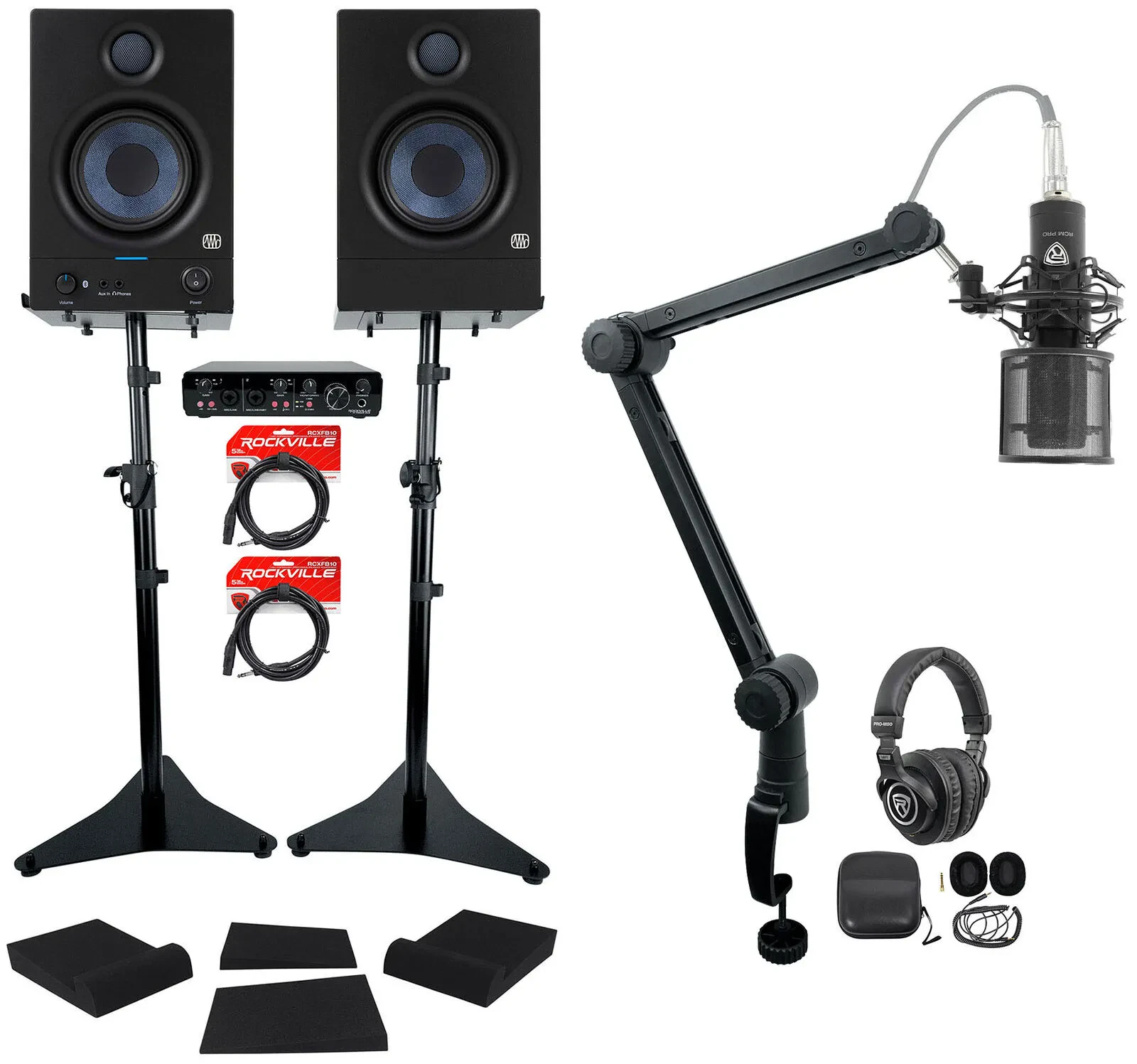 2) Presonus Eris 4.5BT 4.5" Studio Monitors+Interface+Mic+Headphones+Stands+Pads