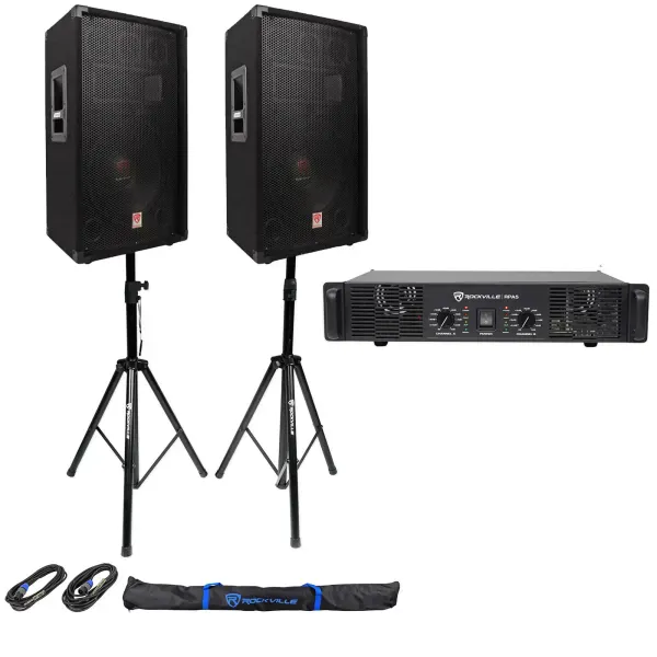 2 Rockville RSG12.4 12” 1000w DJ Speakers+RPA5 1000w Amplifier+Stands+Cables+Bag