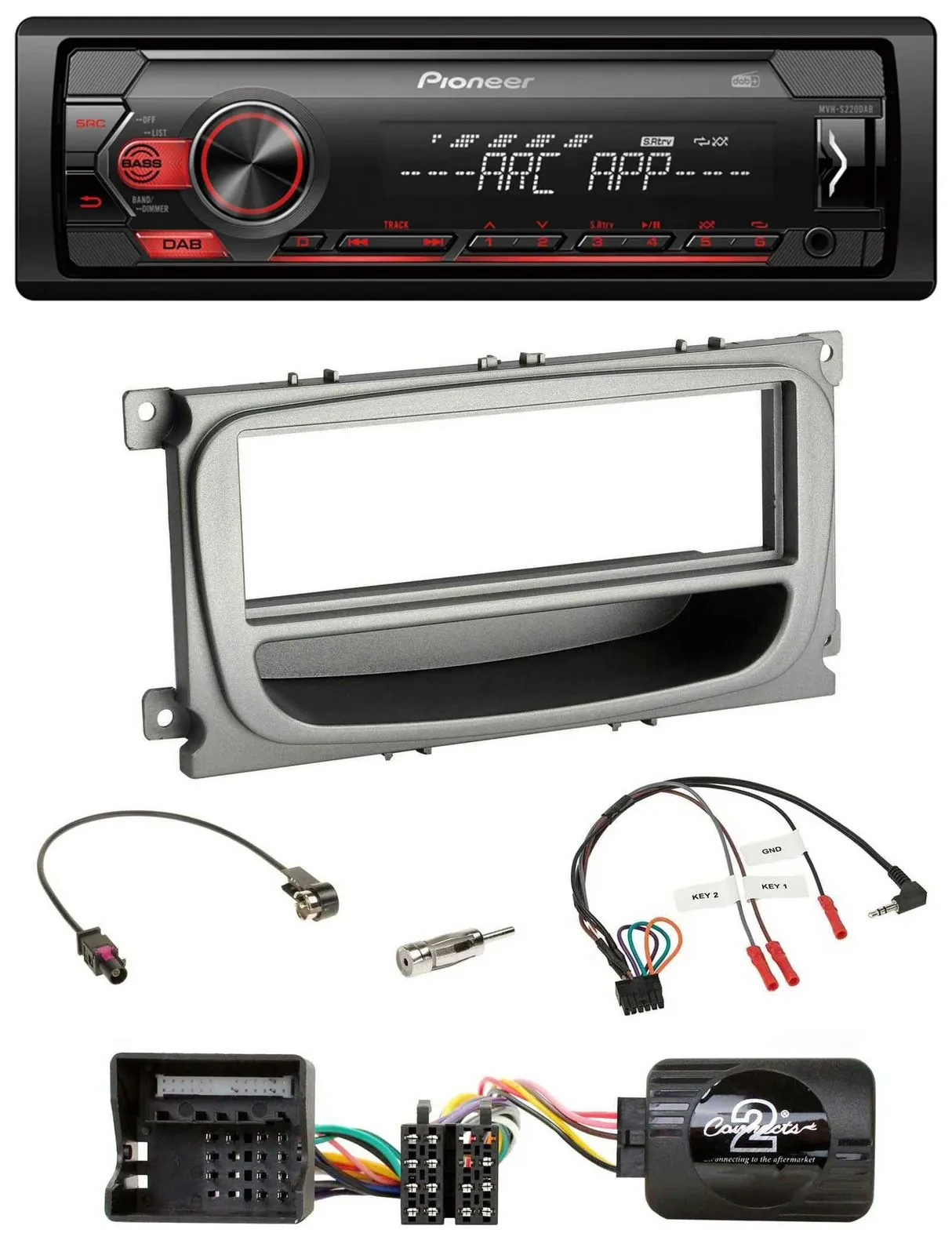 Автомагнитола Pioneer 1-DIN, DAB, USB, поддержка управления с руля, для Ford C-Max/Focus/Galaxy (с 2007), серебристая
