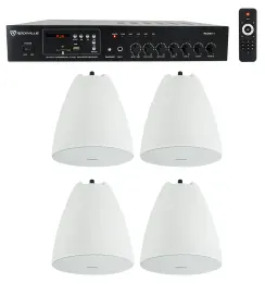 Rockville Commercial Amplifier+4) White Pendant Speakers For Restaurant/Bar/Cafe