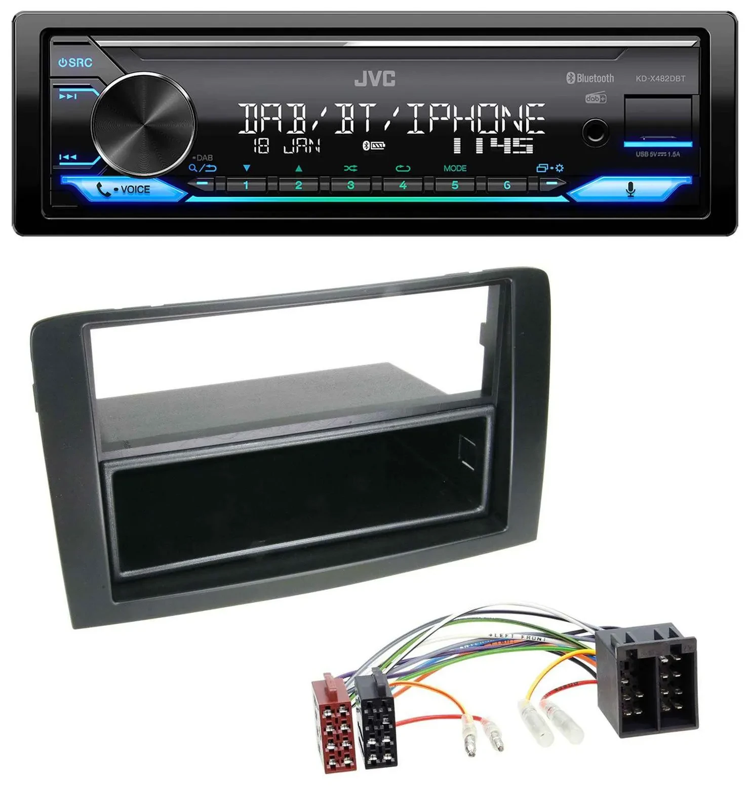 Автомагнитола для Fiat Idea (350, 2003–2011) JVC Bluetooth, DAB, USB, MP3, черный