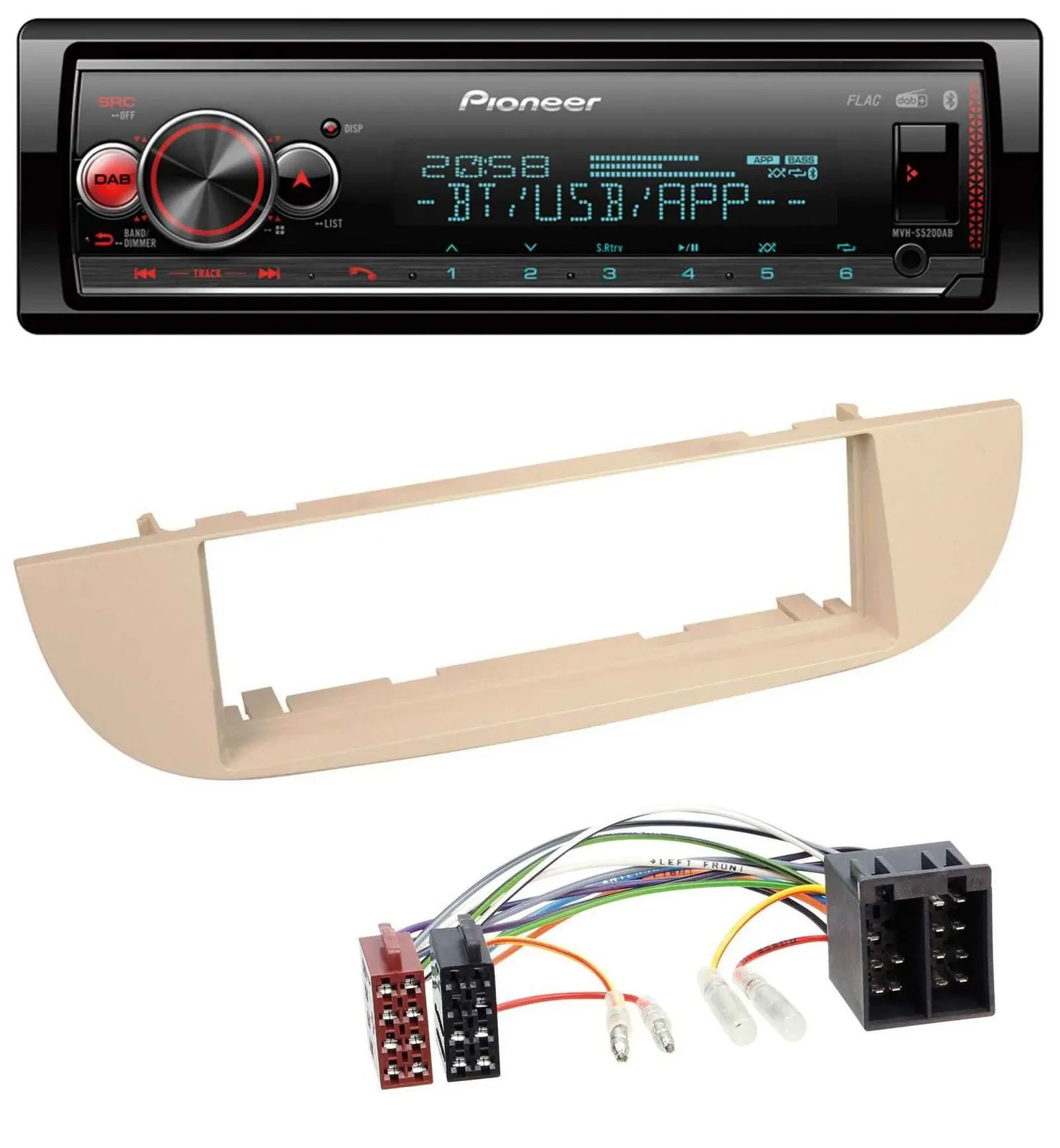 Автомагнитола для Fiat 500 (с 2007) Pioneer Bluetooth, USB, MP3, DAB, перламутрово-серый/бежевый