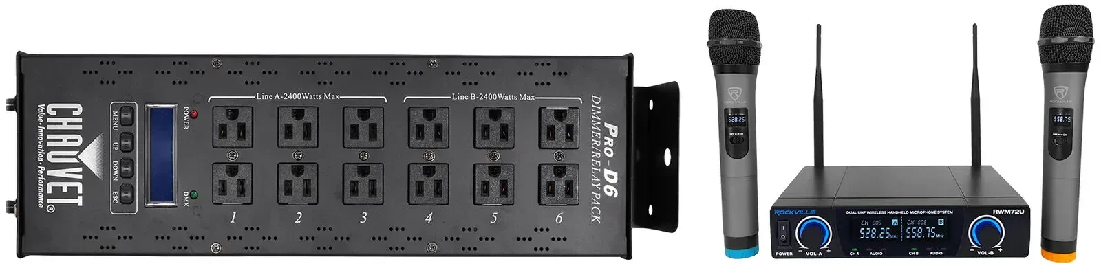 Диммер-пак Chauvet DJ PRO-D6+RWM72U 6 каналов, 20A, DMX-512 (набор) с двумя беспроводными UHF микрофонами