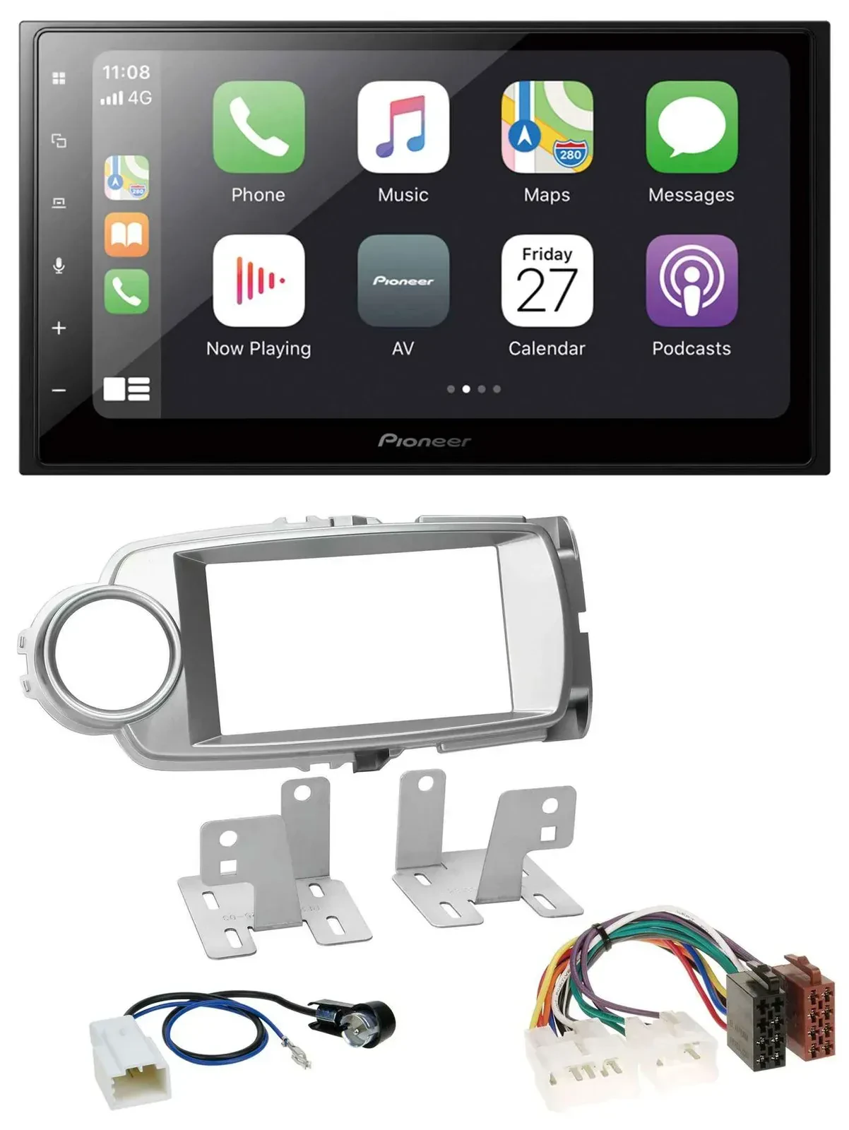 Автомагнитола Pioneer 2 DIN, Bluetooth, DAB, USB, для Toyota Yaris 2011–2014, серебристая