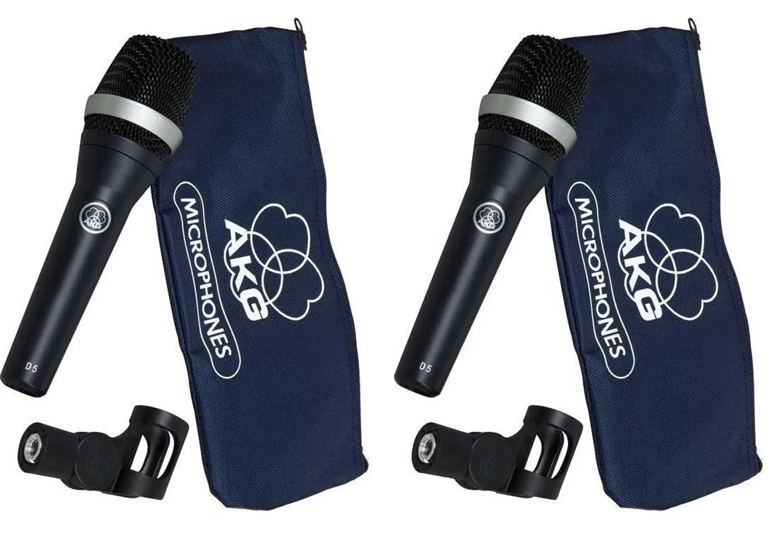 Pair of AKG D5 Dynamic Cardioid Handheld Vocal Microphones + Mic Mounting Clips