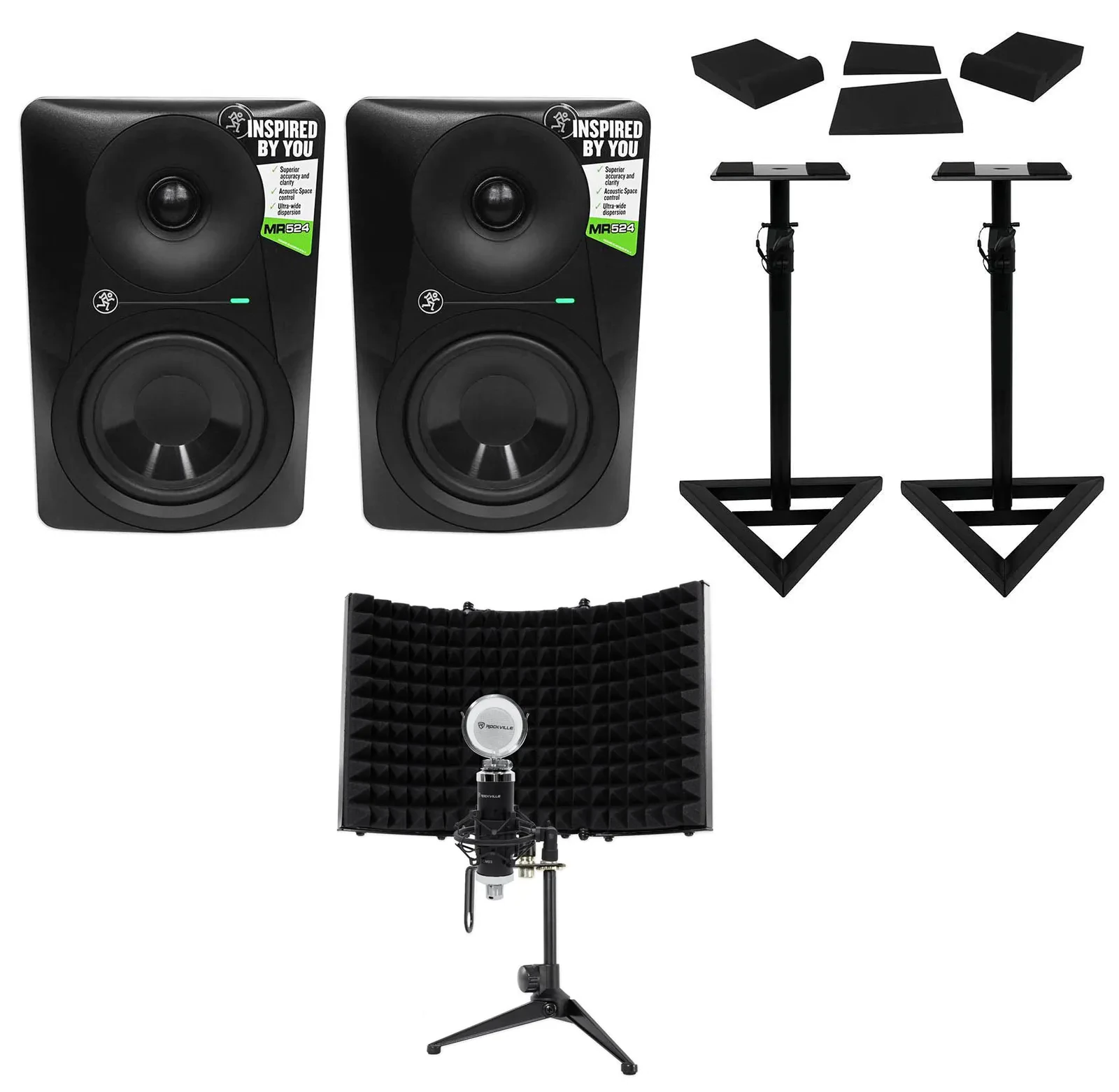 (2) Mackie MR524 5” 50w Powered Studio Monitors+Condenser Mic+Stands+Pads+Shield