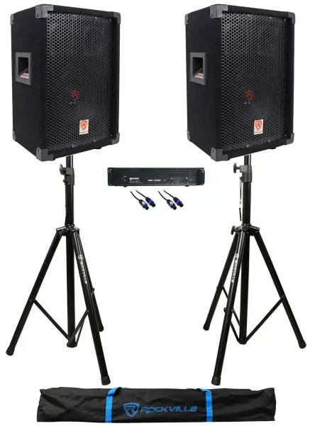 (2) Rockville RSG8 8” 300 Watt DJ/Pro PA Speakers+Gemini Amplifier+Stands+Cables