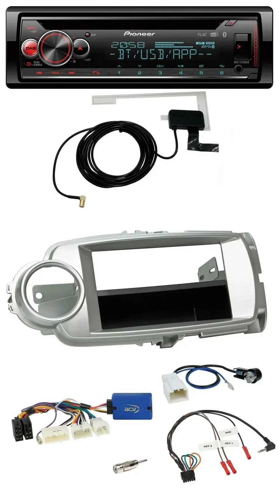 Автомагнитола для Toyota Yaris (2011–2014) Pioneer DAB, CD, USB, Bluetooth, поддержка кнопок на руле, серебристая