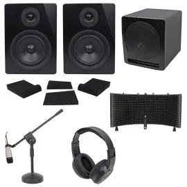 2) Rockville 5.25" Active Studio Monitors+Sub+Mic+Headphones+Stand+Shield+Pads