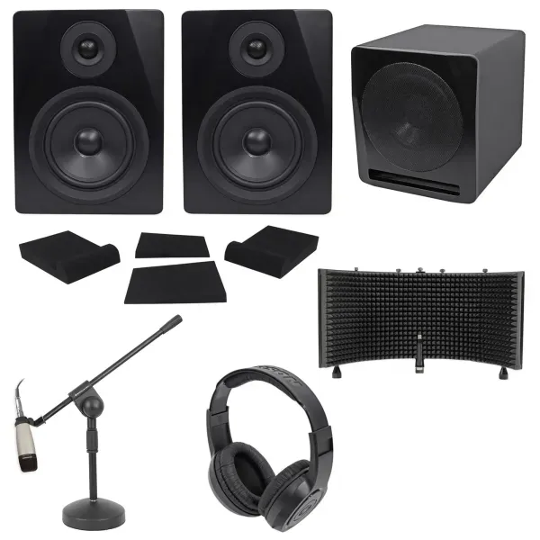 2) Rockville 5.25" Active Studio Monitors+Sub+Mic+Headphones+Stand+Shield+Pads