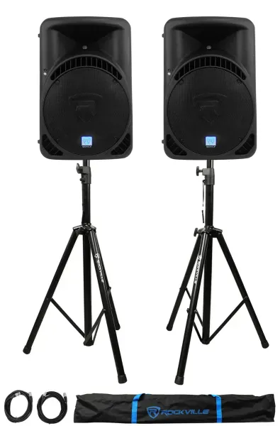 2 Rockville RPG15BT 15" Active BlueTooth Wireless Link DJ Speakers+Stands+Cables