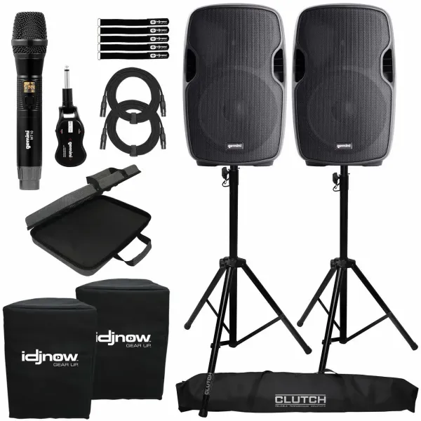 Gemini 15" Bluetooth Speakers Pair w Single Channel Wireless Microphone Pack