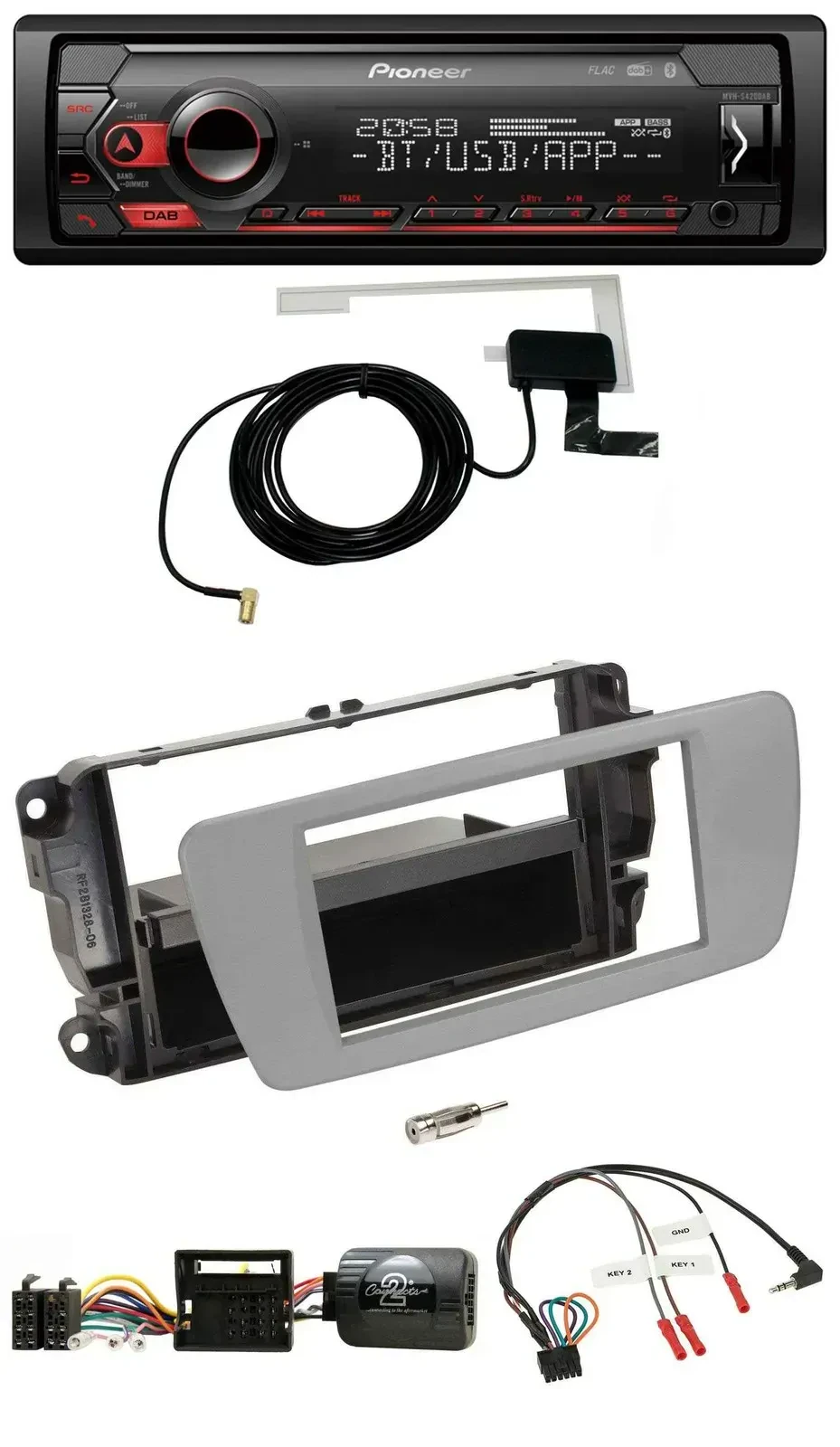 Автомагнитола для Seat Ibiza Pioneer DAB, USB, Bluetooth, совместимая с кнопками на руле, серый dublingrau